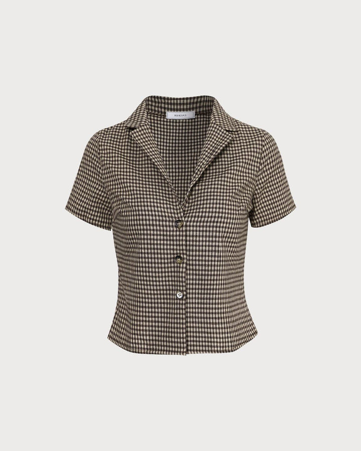The Brown Lapel Gingham Short Sleeve Blouse