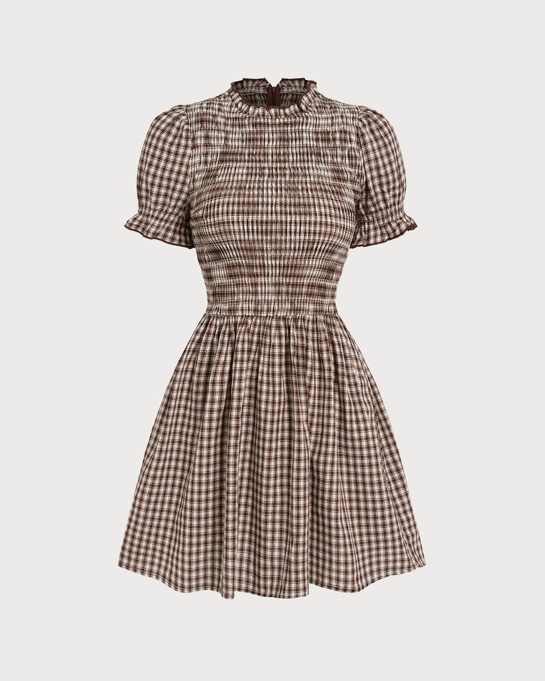Coffee Gingham Puffed Sleeve Mini Dress