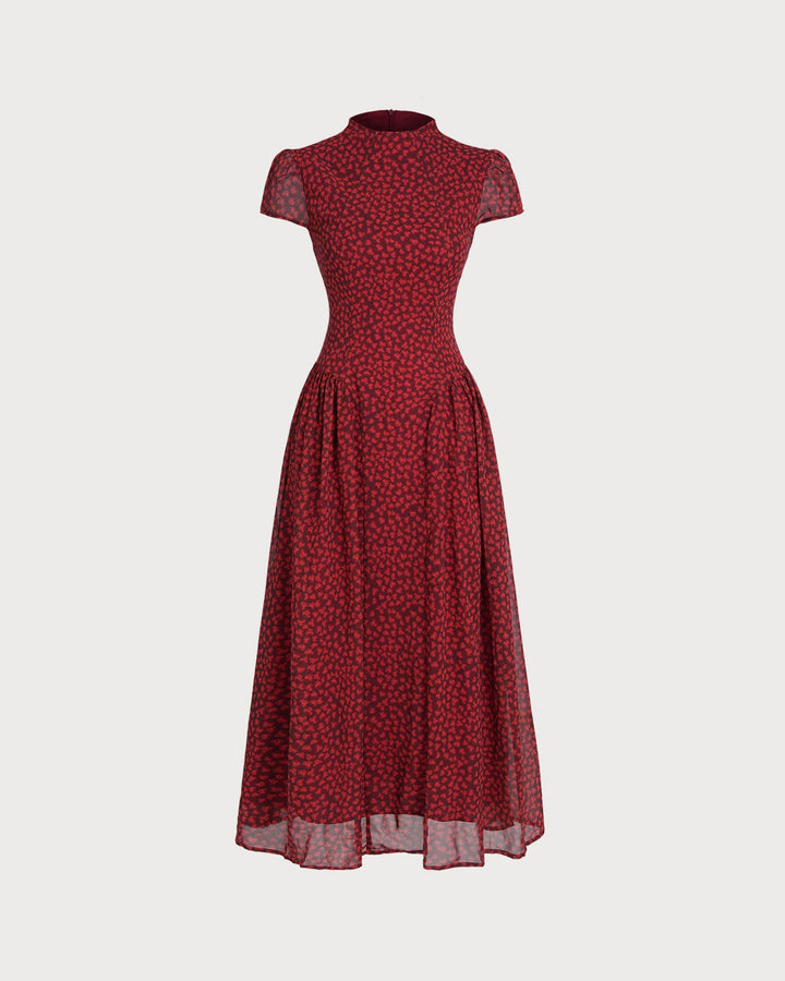 Red Cap Sleeve Floral Maxi Dress