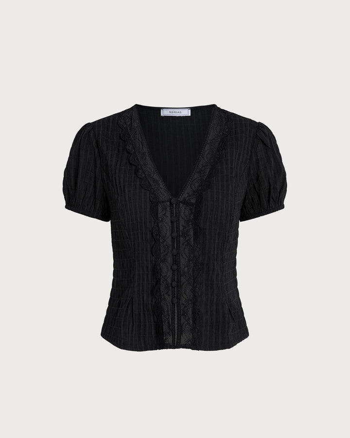 Black Jacquard Lace Button Blouse