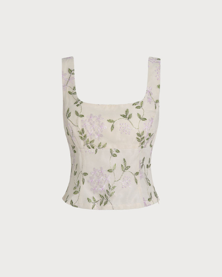 Beige Floral Slim Tank Top
