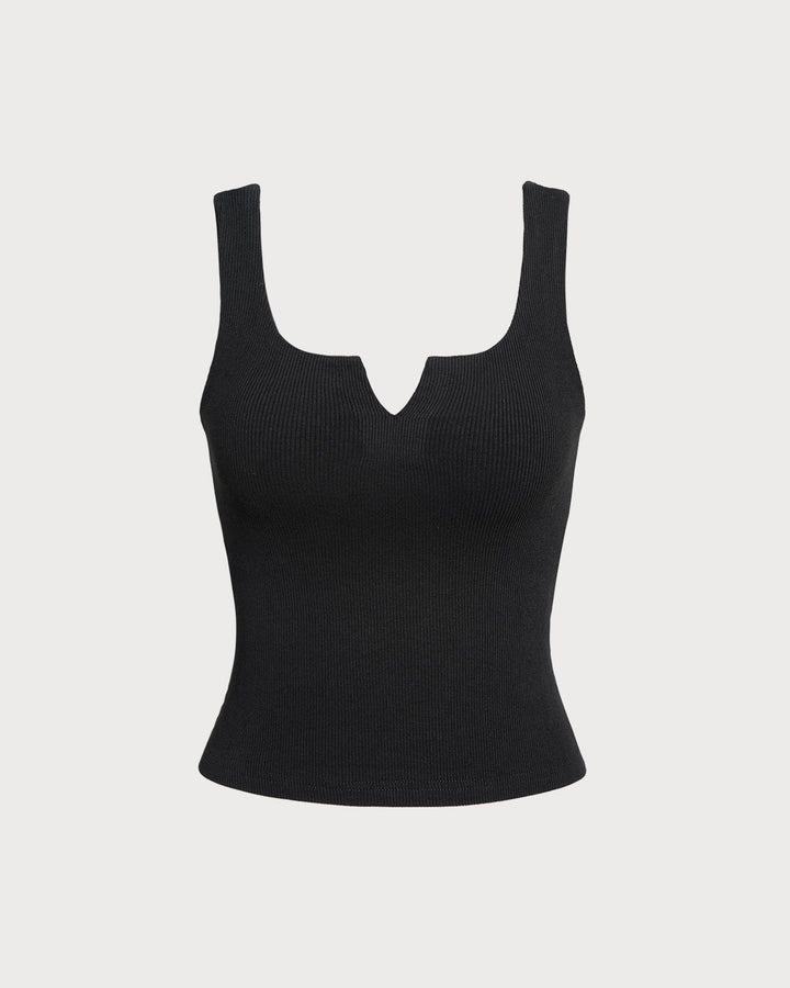 The Black V Neck Ribbed Knit Tank Top