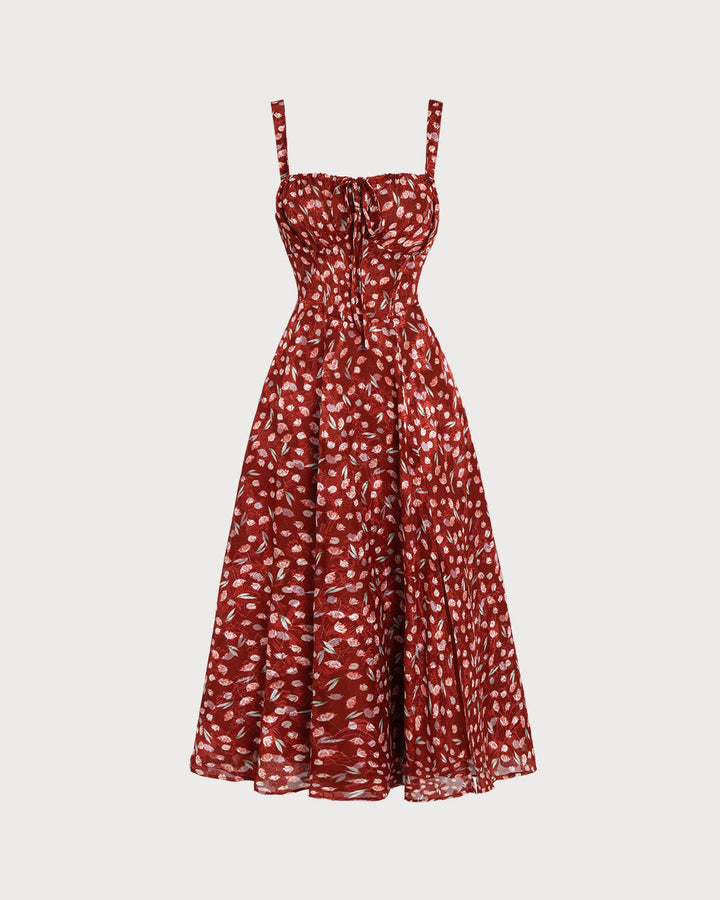 Wine Red Floral Slip Midi Dress