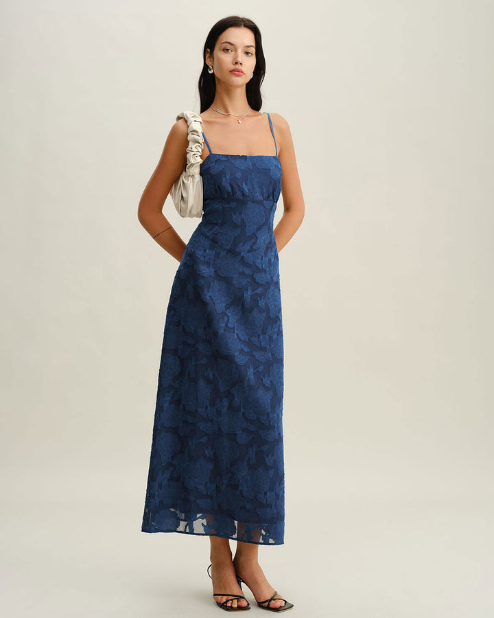 Navy Jacquard Slip Backless Maxi Dress