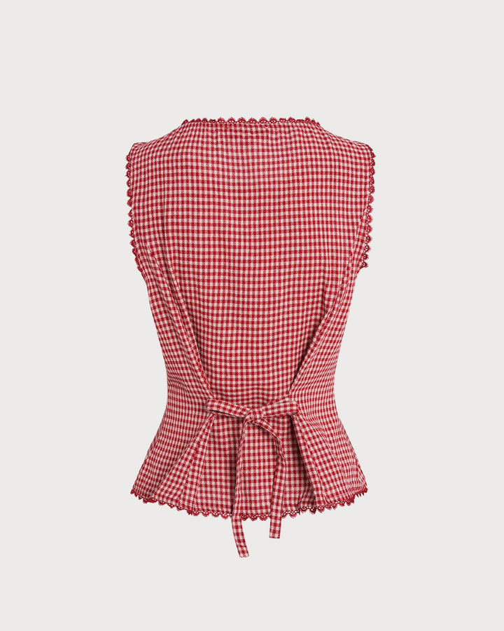 Red Gingham Boat Neck Sleeveless Tank Top