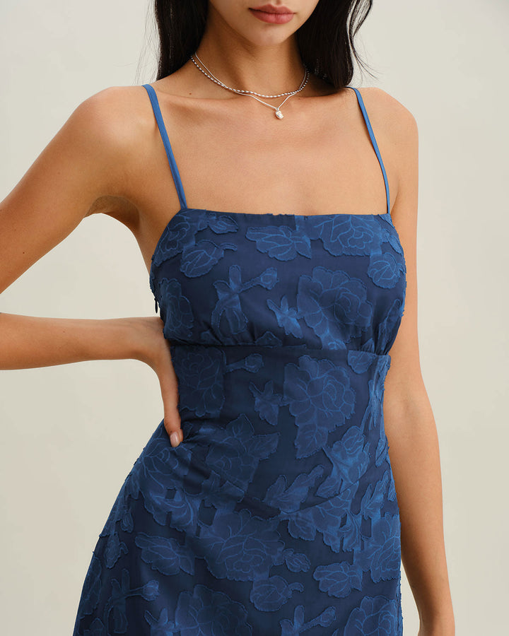 Navy Jacquard Slip Backless Maxi Dress