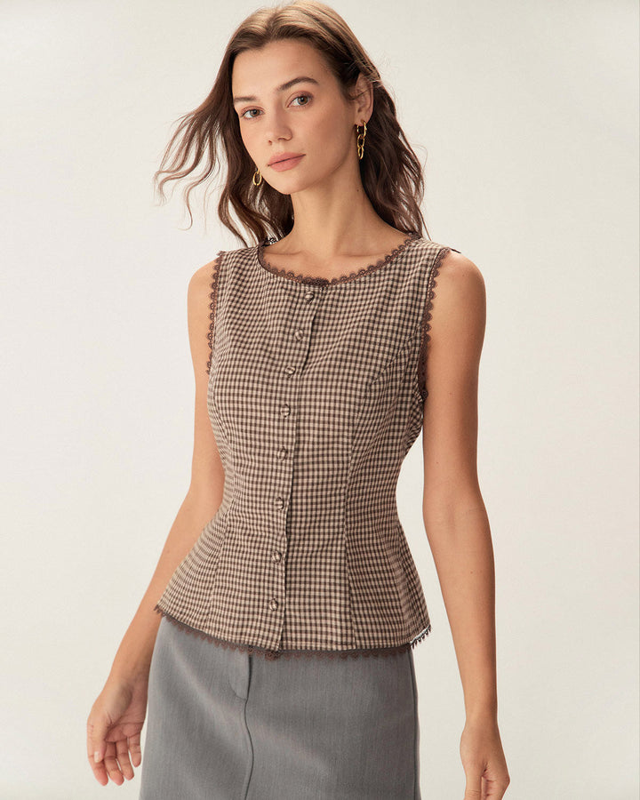 Brown Plaid Single Breasted Vest