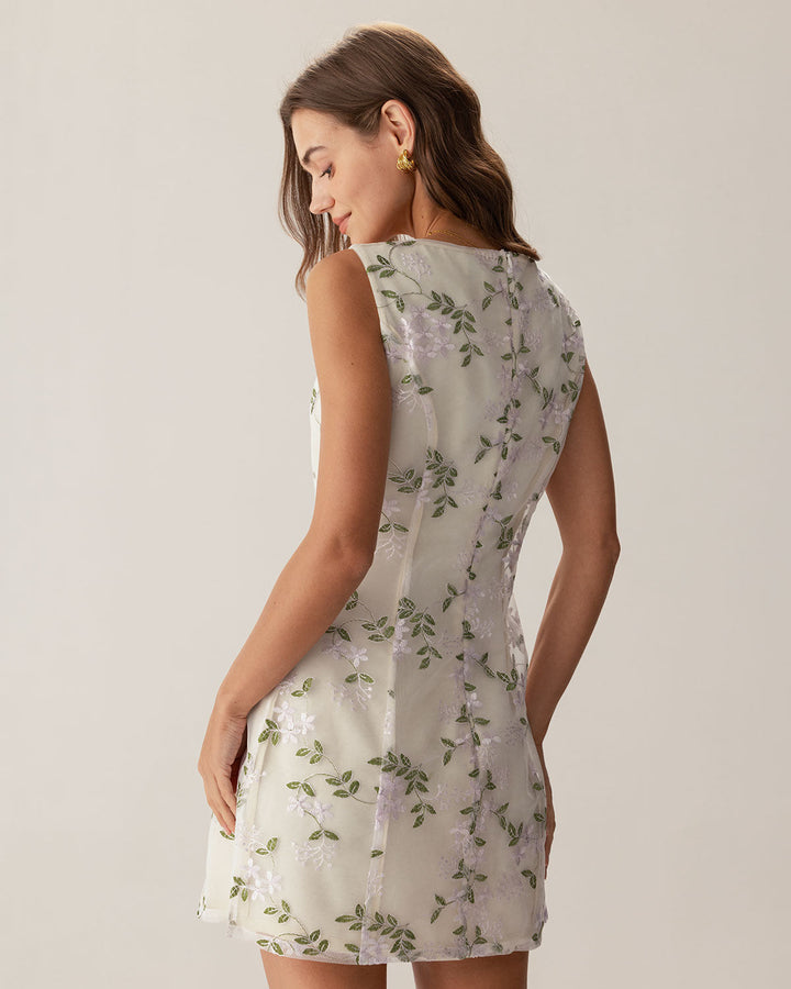 Beige Square Neck Embroidery Slit Slip Mini Dress