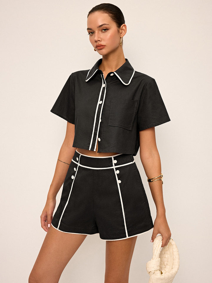 Contrast Piping Crop Shirt and Shorts Set