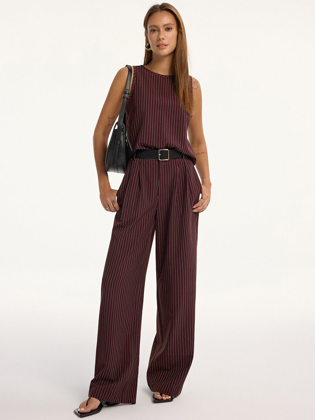 Pinstripe Sleeveless Top and Pants Set with Belt