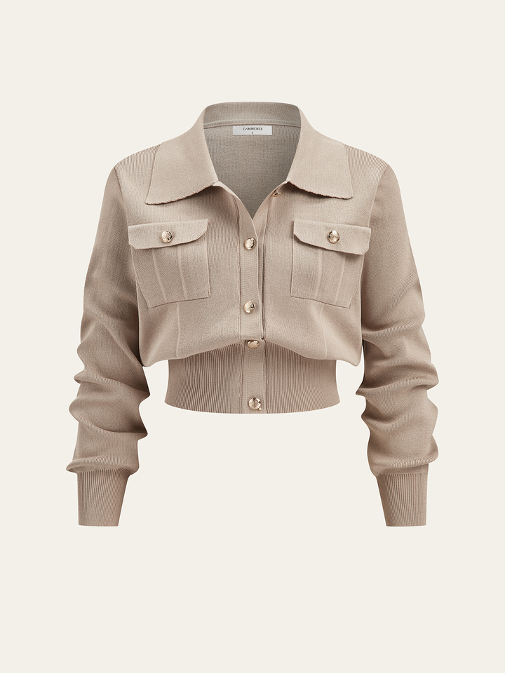 Metal Button Collared Cardigan and Midi Skirt Set