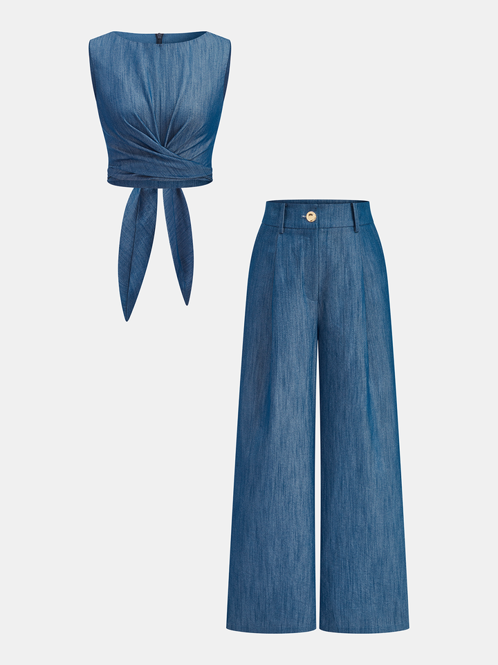 Cross-Tie Crop Top & Wide-Leg Pants Set