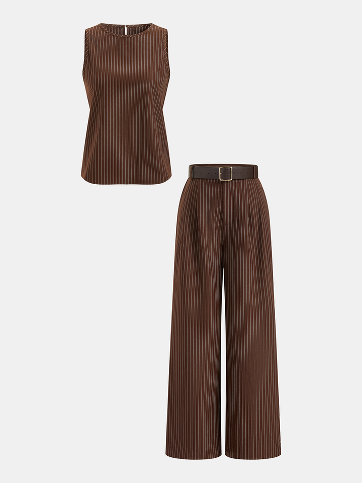 Pinstripe Sleeveless Top and Pants Set with Belt