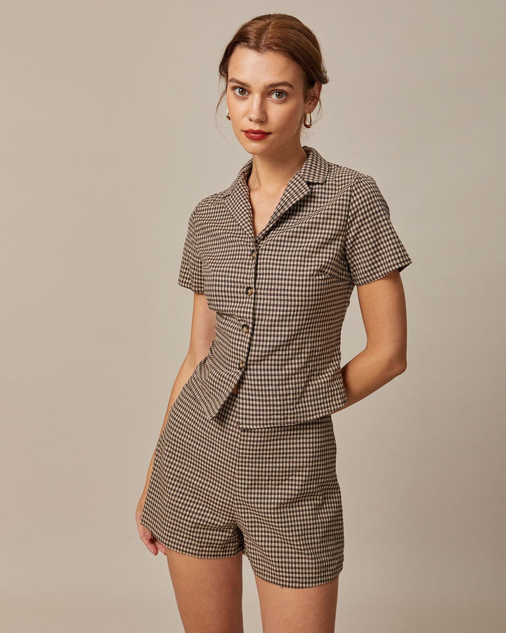 The Brown Lapel Gingham Short Sleeve Blouse