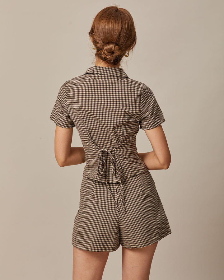 The Brown Lapel Gingham Short Sleeve Blouse