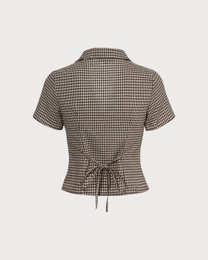 The Brown Lapel Gingham Short Sleeve Blouse