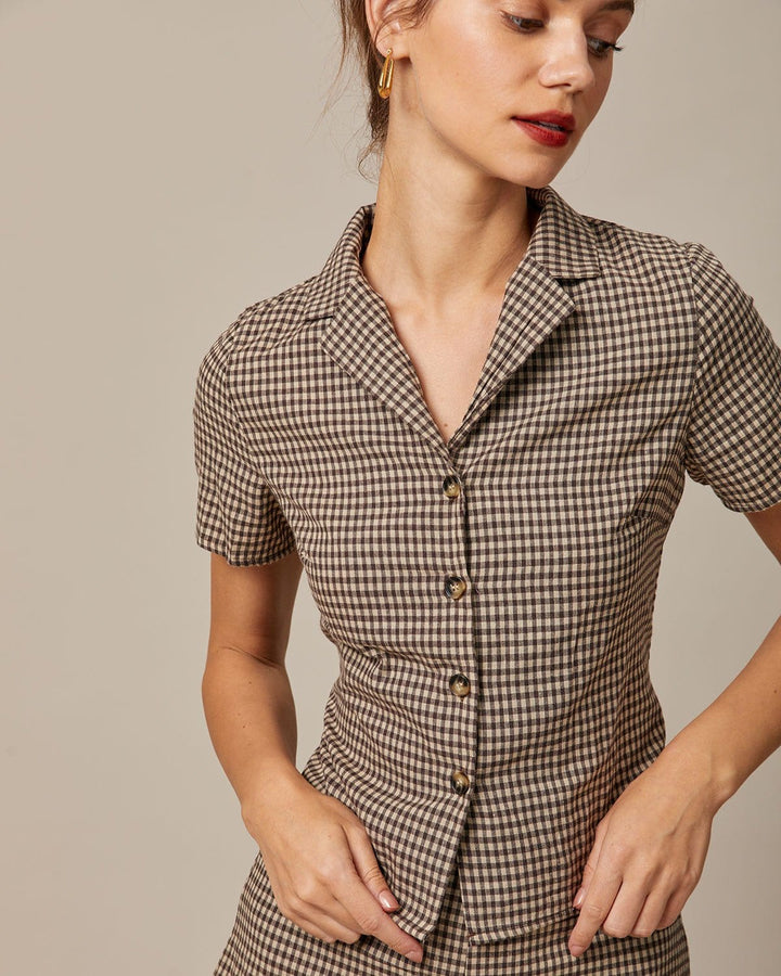 The Brown Lapel Gingham Short Sleeve Blouse