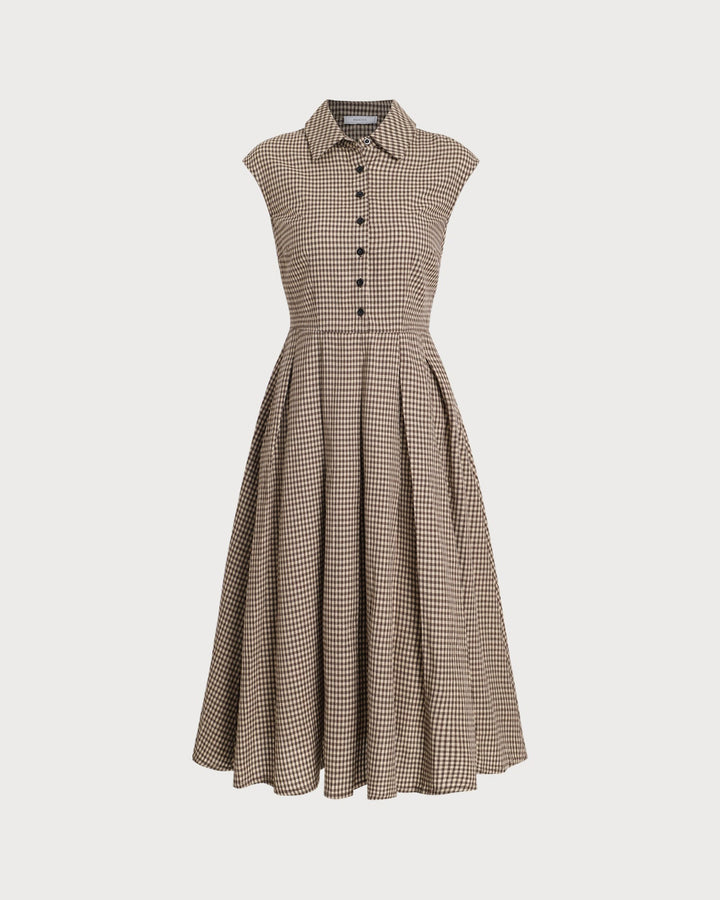 Brown Plaid Button Pleated Midi Dress