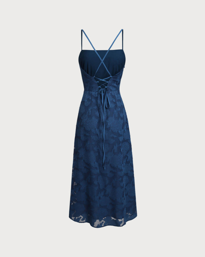 Navy Jacquard Slip Backless Maxi Dress