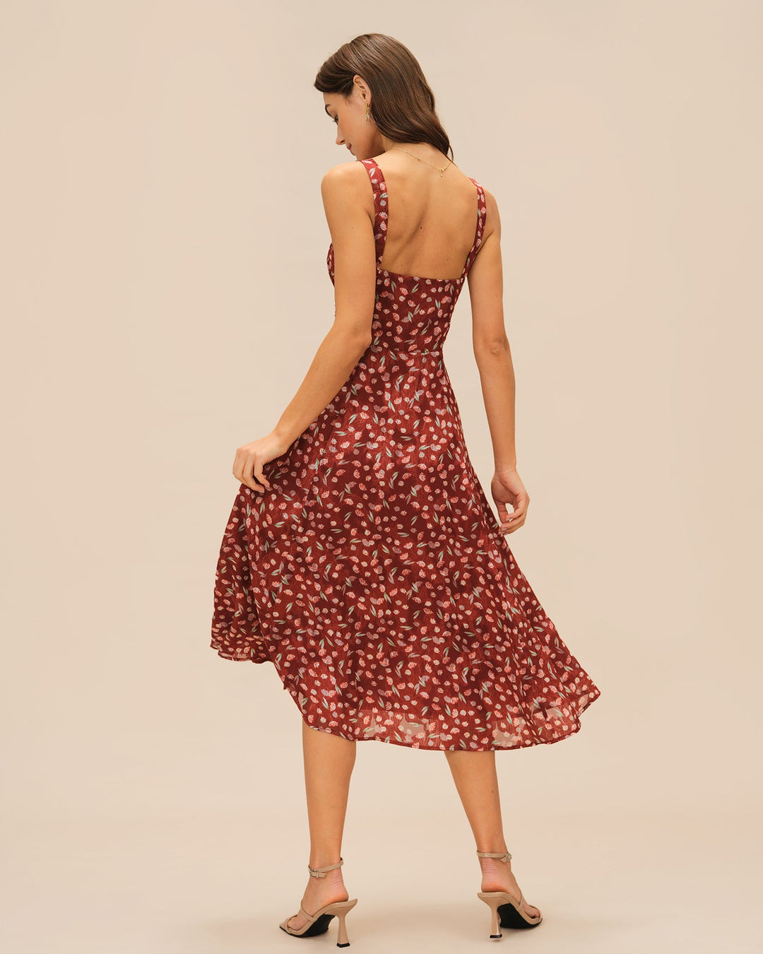 Wine Red Floral Slip Midi Dress