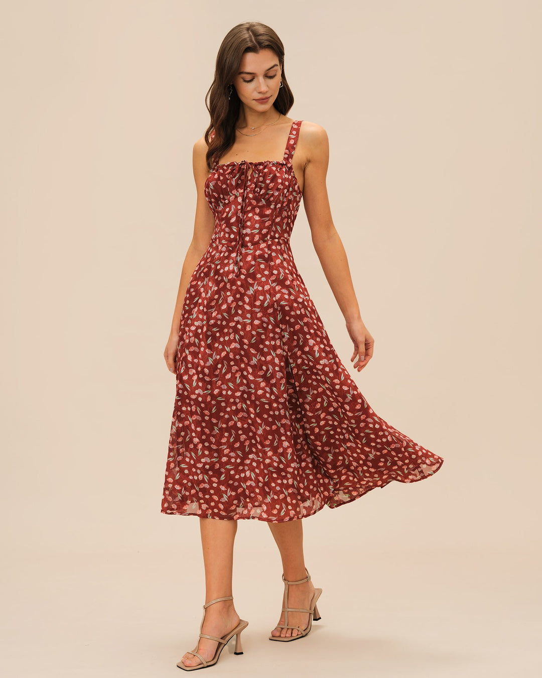 Wine Red Floral Slip Midi Dress