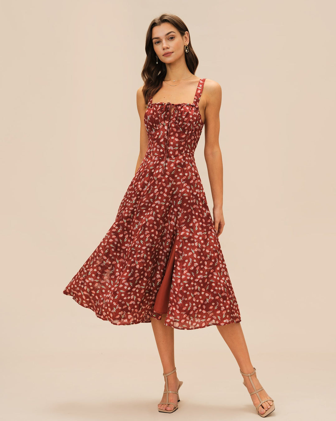 Wine Red Floral Slip Midi Dress