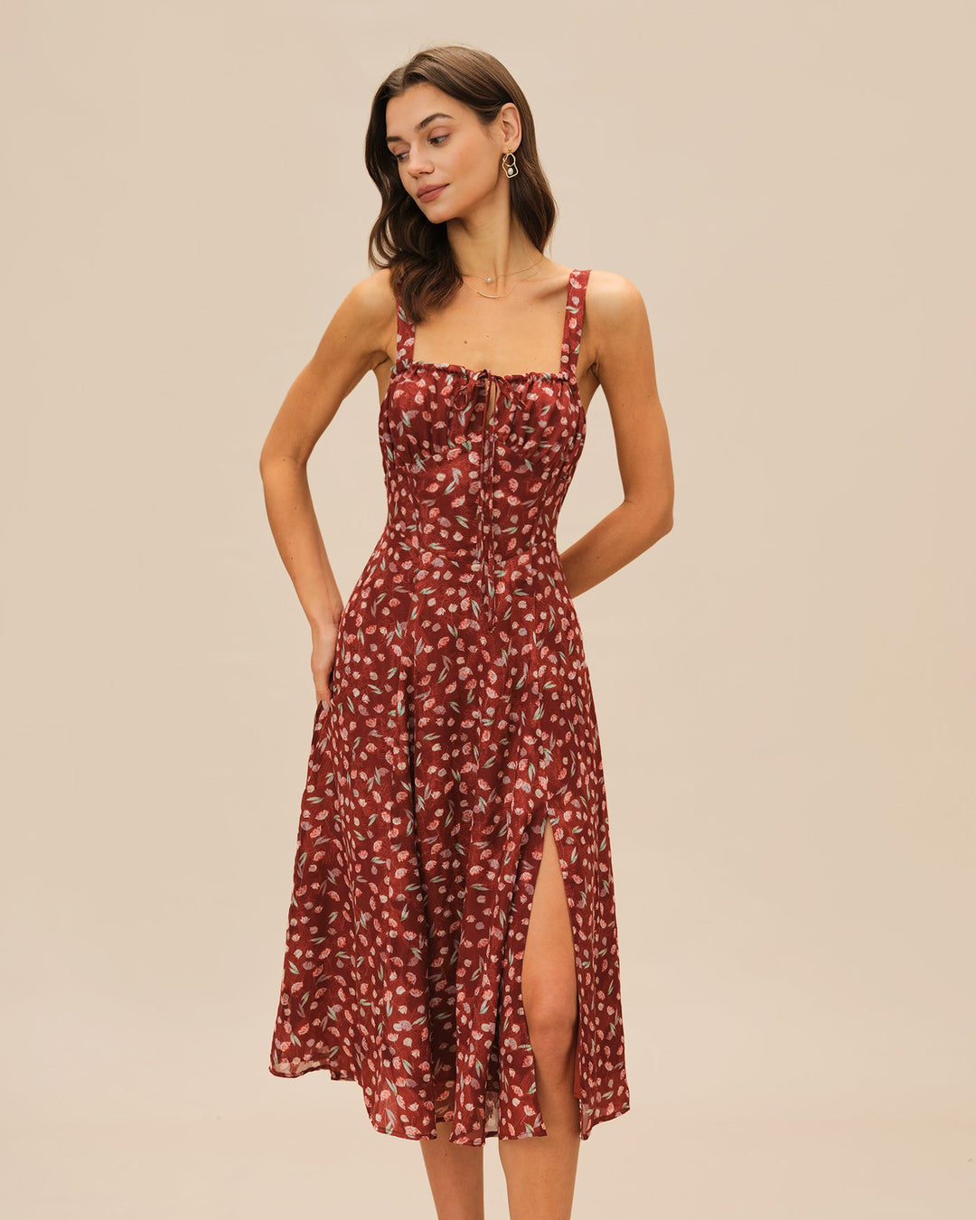 Wine Red Floral Slip Midi Dress