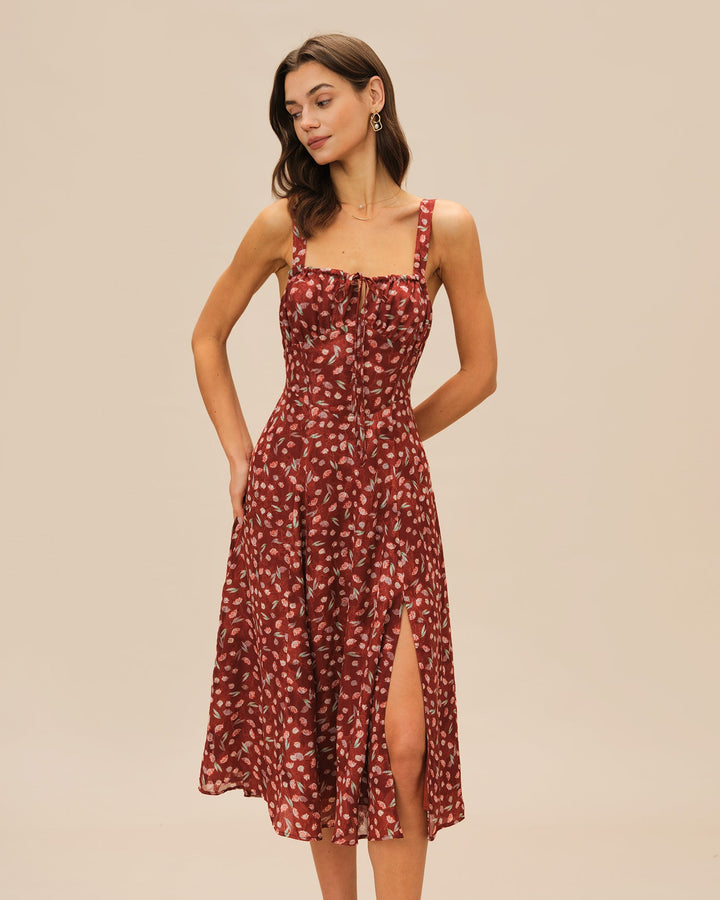 Wine Red Floral Slip Midi Dress