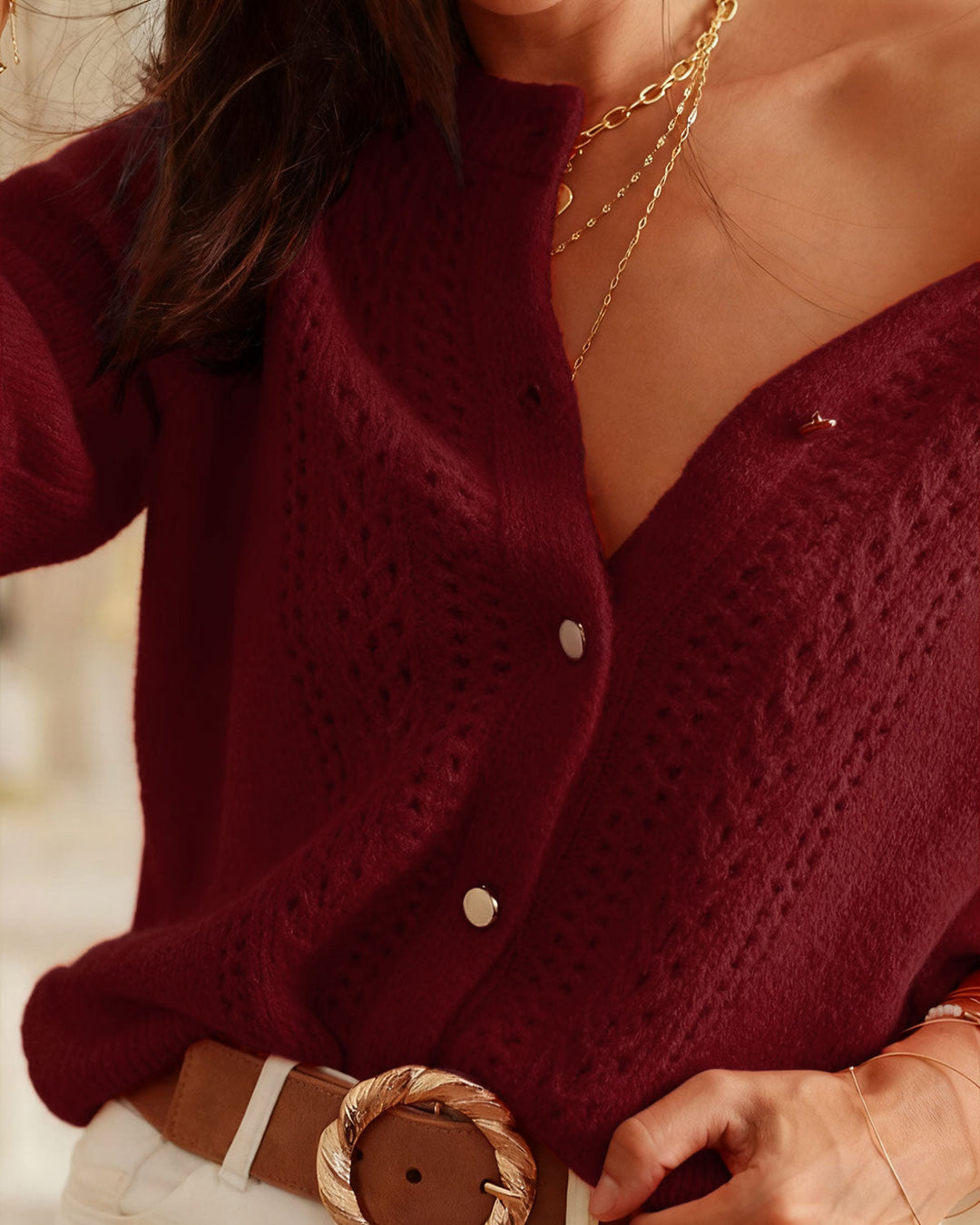 Wine Red Round Neck Casual Knit Cardigan