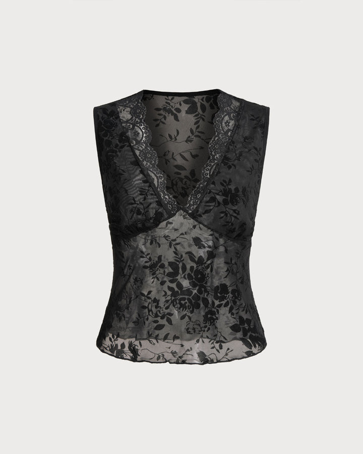 Black Lace V Neck Tank Top