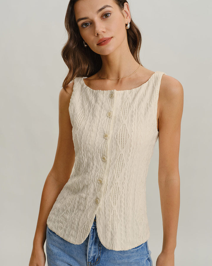 Beige Boat Neck Button Tank Top