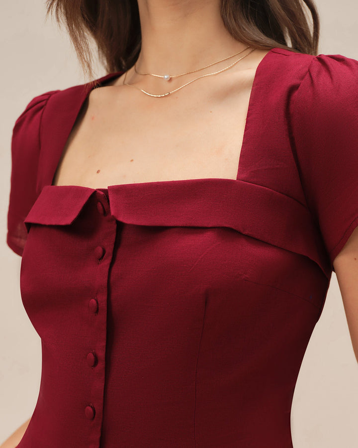 Red Square Neck X Cross Tie Blouse