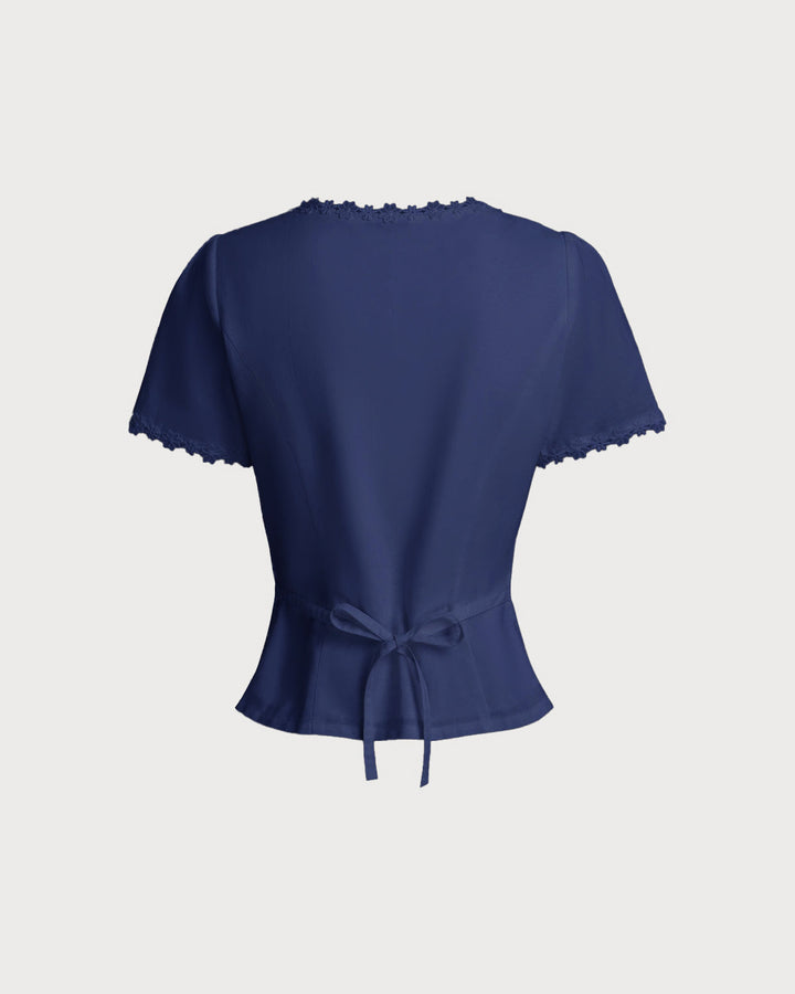 Navy Square Neck Button Blouse