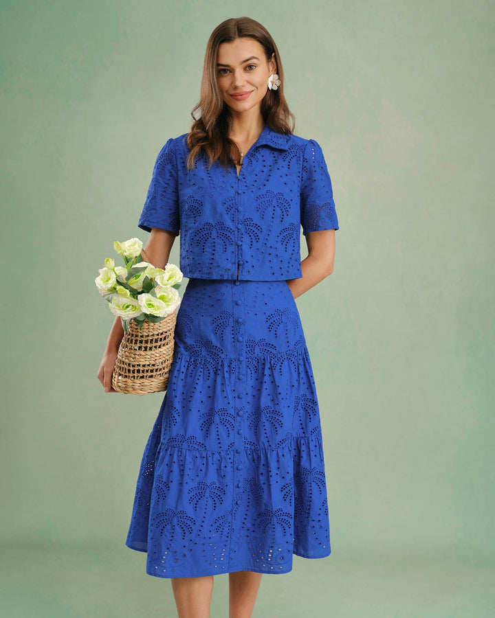 Blue Textured Button Collar Blouse