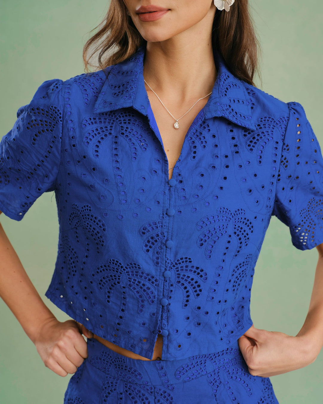 Blue Textured Button Collar Blouse