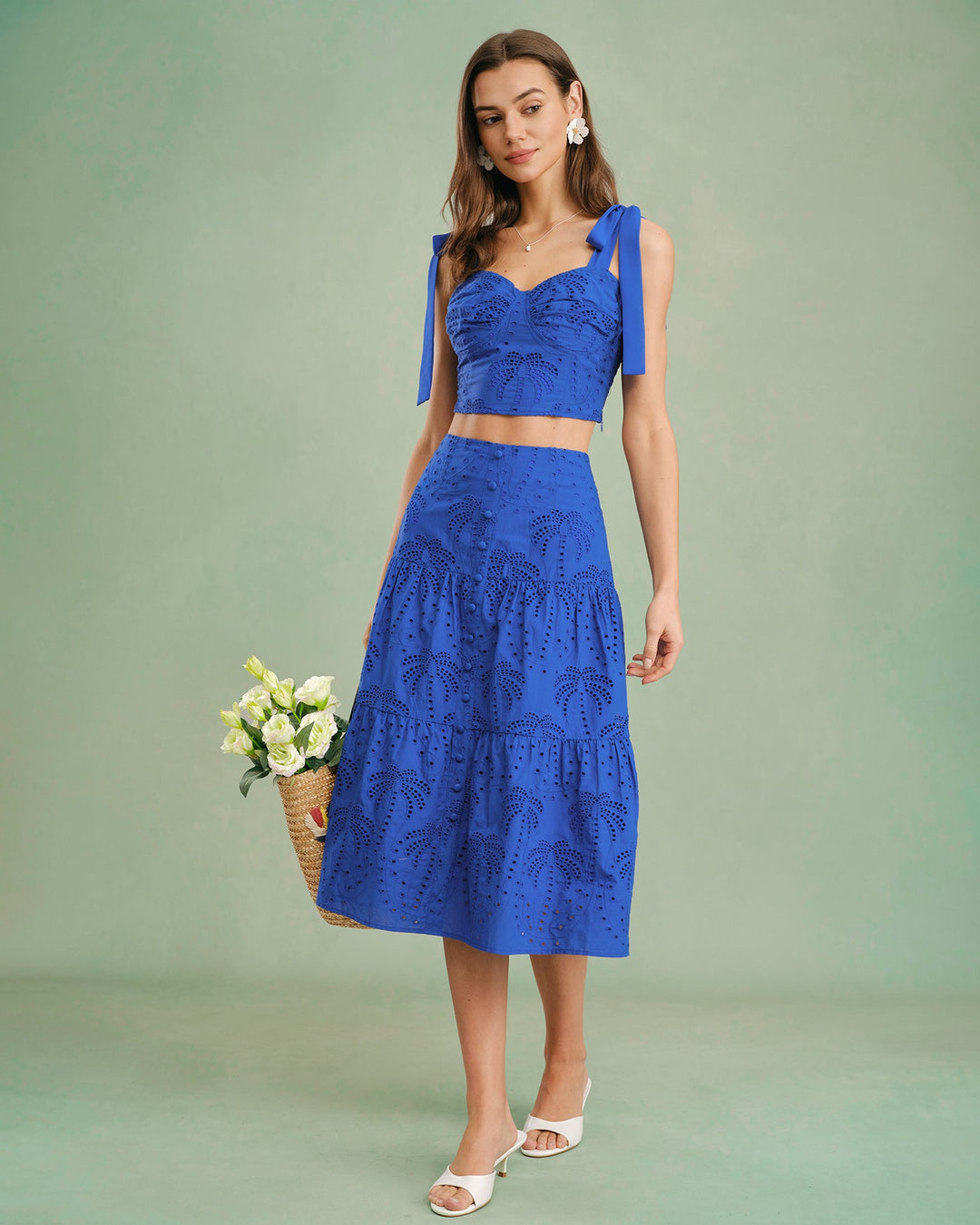 Blue Sweetheart Neck Embroidery Cami Top