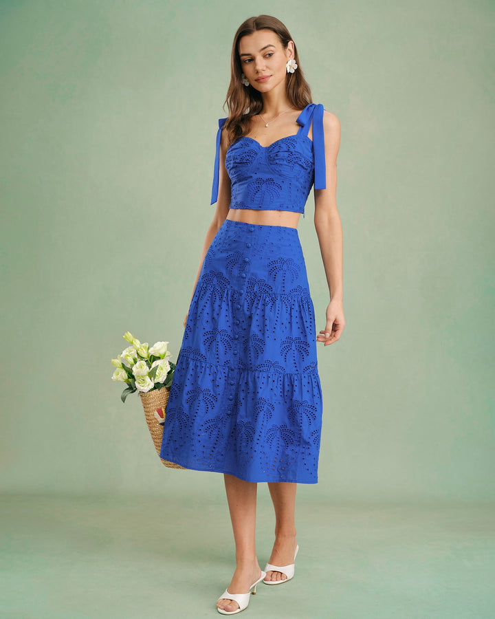 Blue Sweetheart Neck Embroidery Cami Top