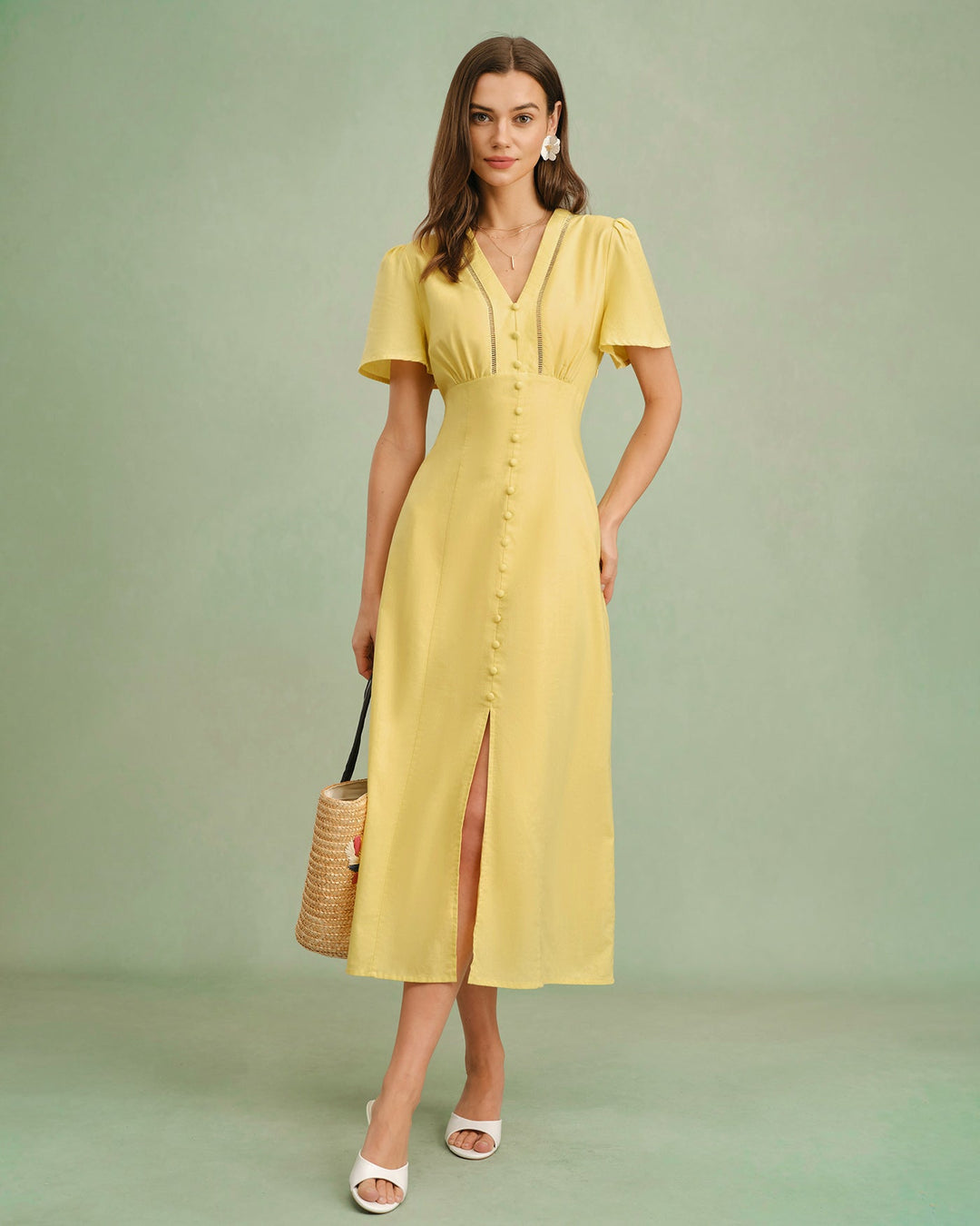 Yellow V Neck Button Midi Dress