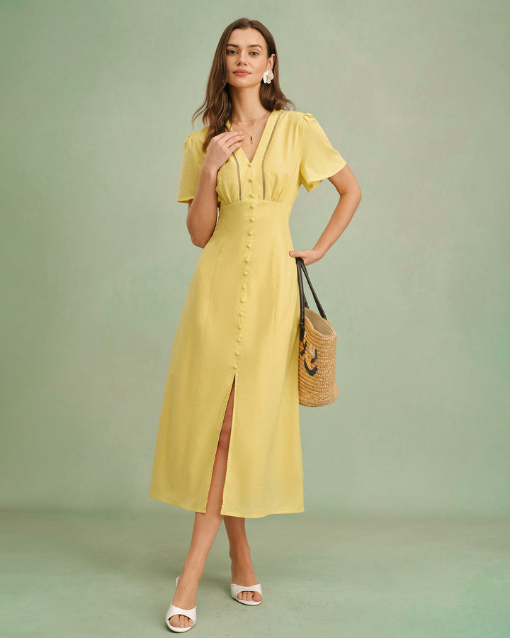 Yellow V Neck Button Midi Dress