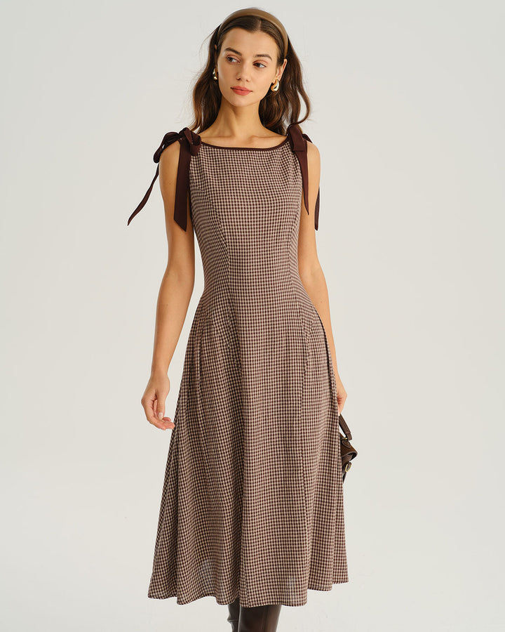 Brown Plaid Boat Neck A-Line Midi Dress