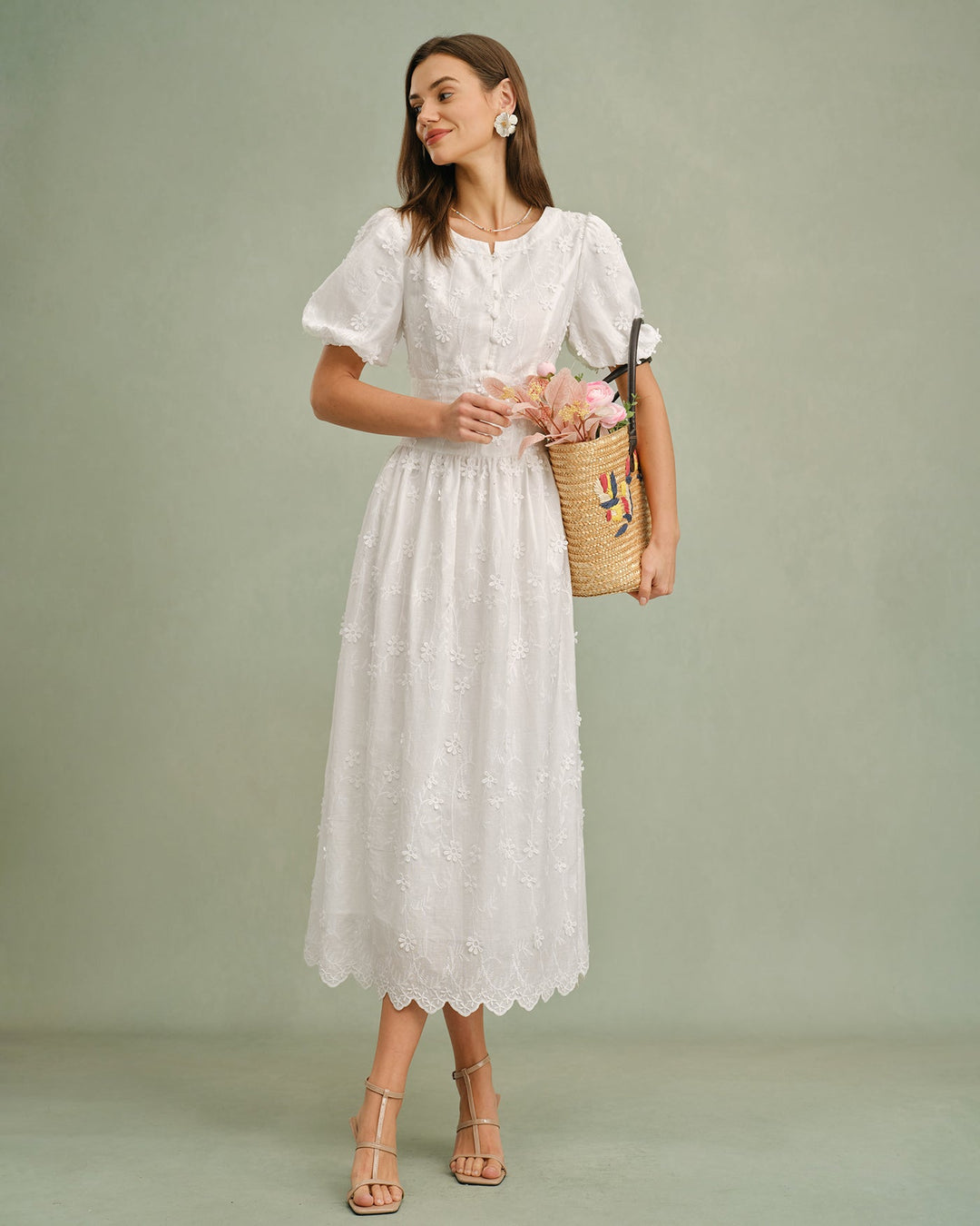 White Round Neck Floral Midi Dress