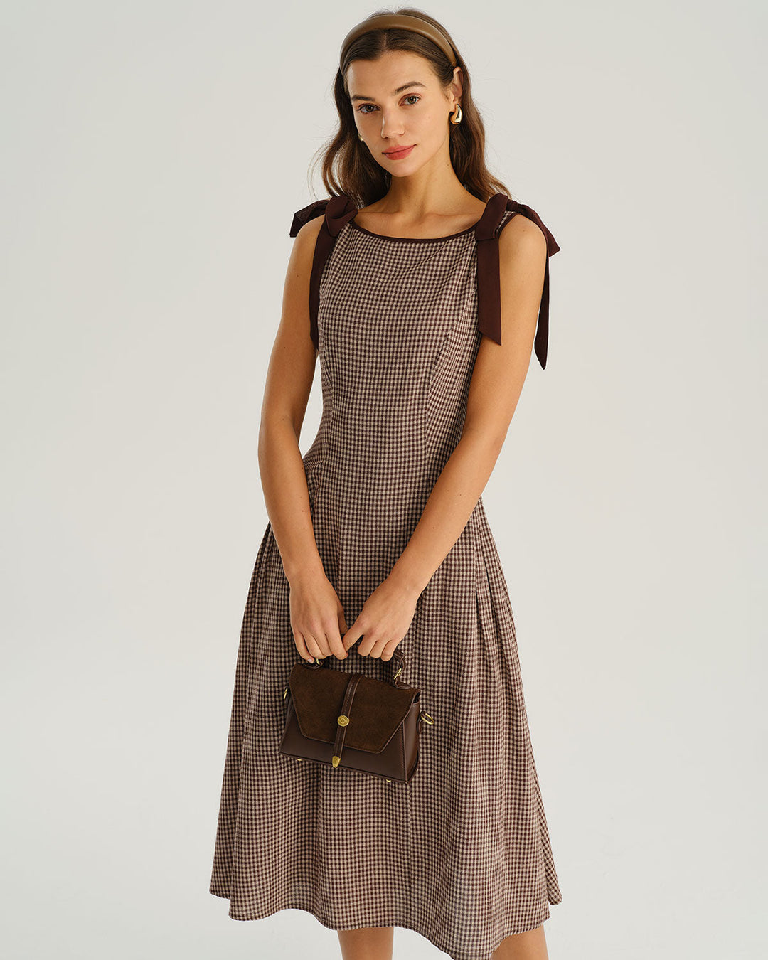 Brown Plaid Boat Neck A-Line Midi Dress