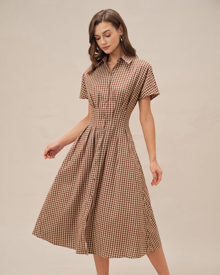Brown Collar Plaid Midi Dress