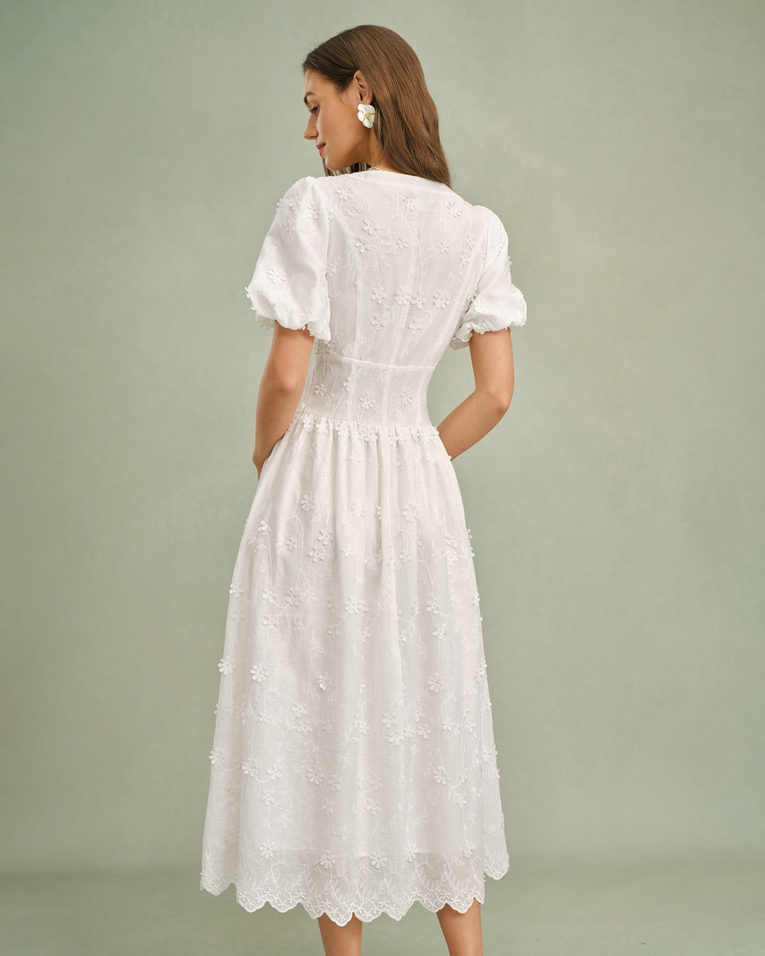 White Round Neck Floral Midi Dress