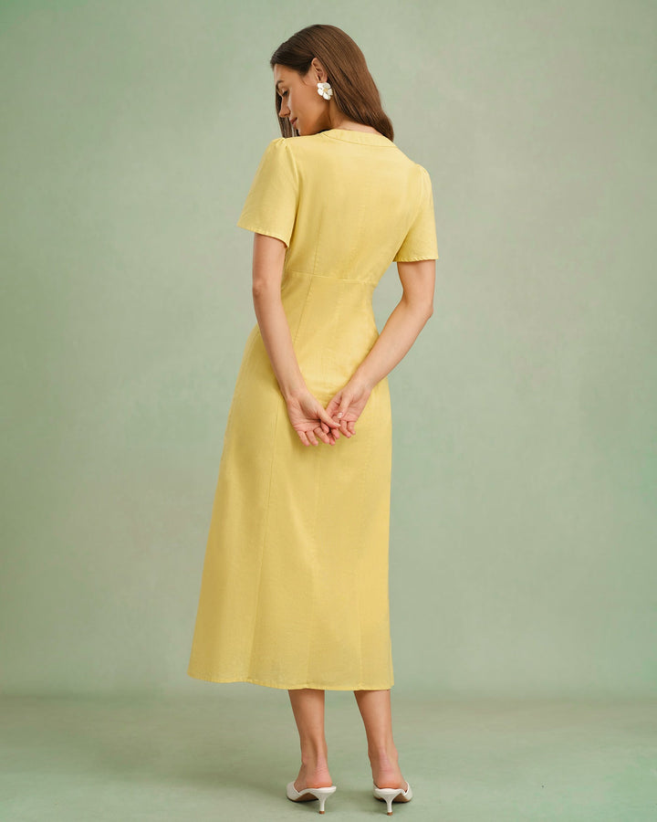 Yellow V Neck Button Midi Dress