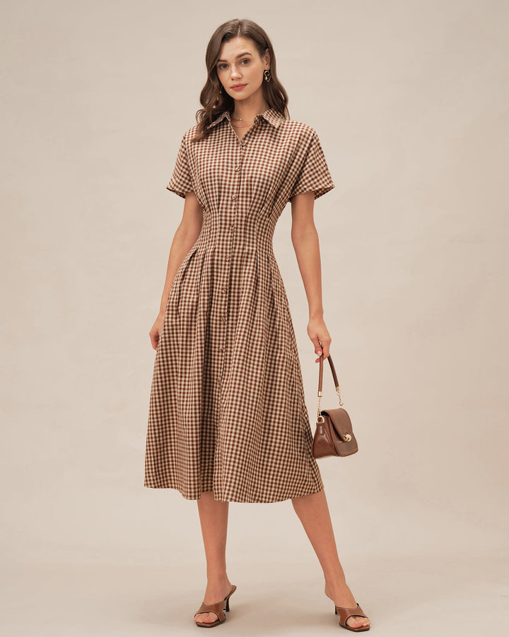 Brown Collar Plaid Midi Dress