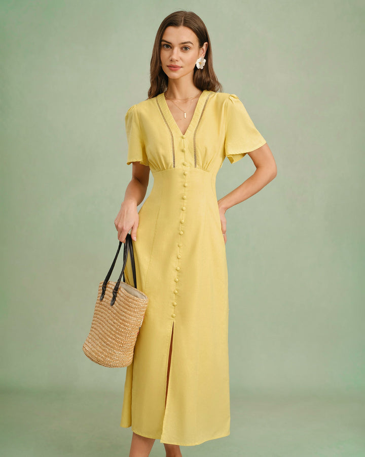 Yellow V Neck Button Midi Dress