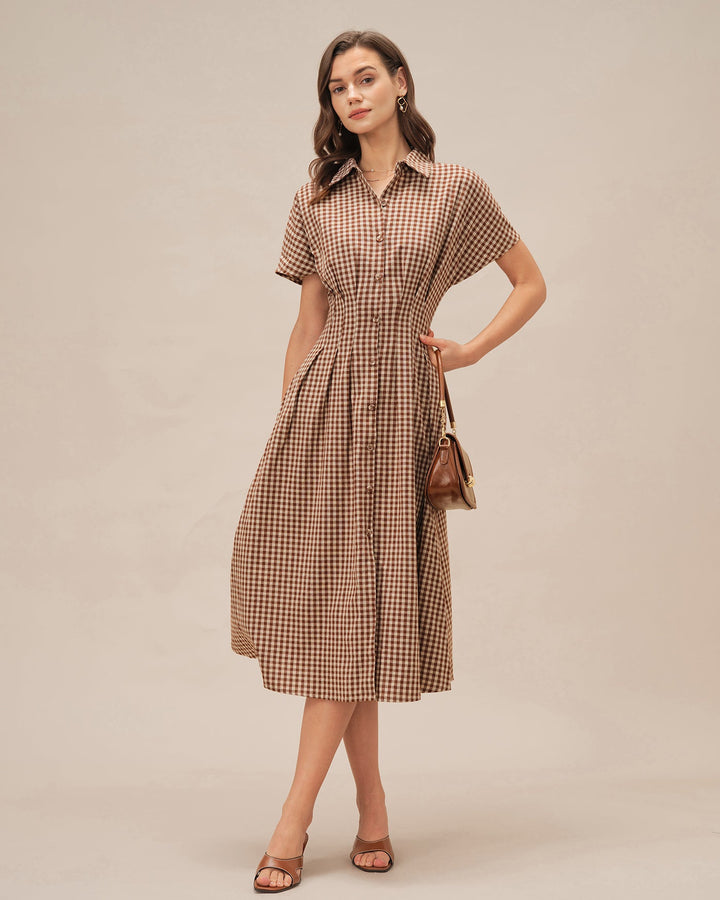 Brown Collar Plaid Midi Dress