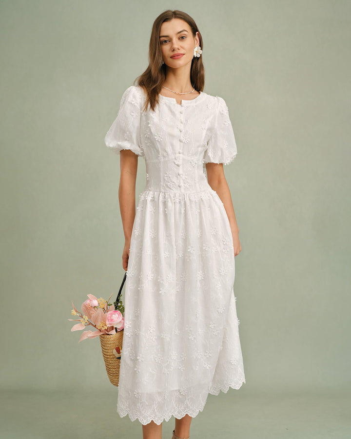 White Round Neck Floral Midi Dress