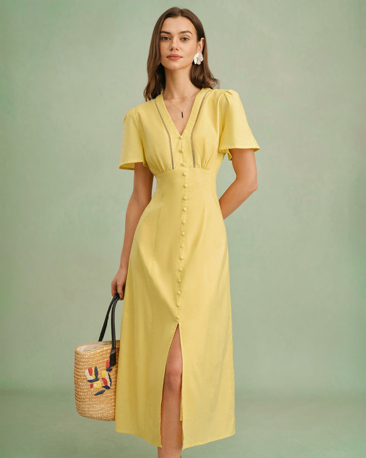 Yellow V Neck Button Midi Dress